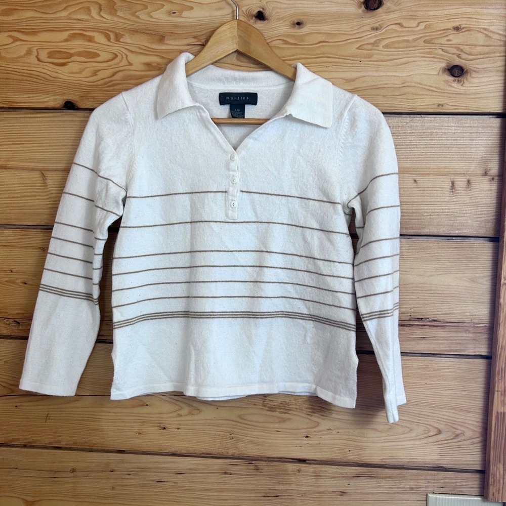 Mantles White Tan Striped Wool Blend Polo‎ Sweater Long Sleeve Large